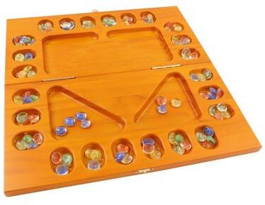 GSE Games & Sports Expert GSE™ 4-Player Mancala Board Game with Multi-Color Glass Stones, Folding Wooden 4-Way African Mancala Game Set