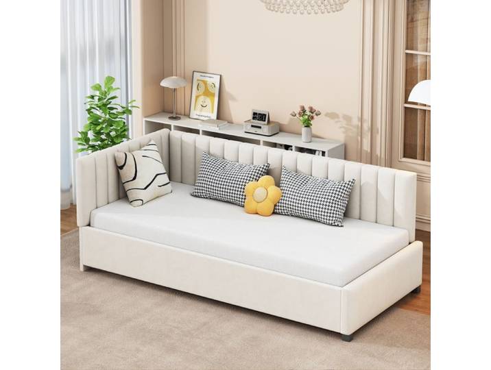 Lit multifonction 90x200 cm en velours beige — style Mid-Century dossier réversible