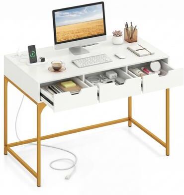 Costway Office Desk with Power Outlets and Hidden Compartment for Study-White