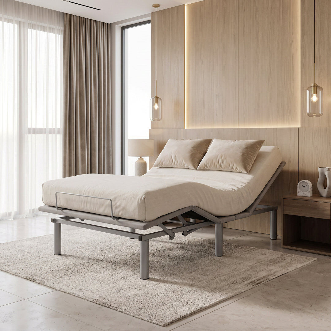 17 Stories 90cm Wide Dual Motor Electric Adjustable Bed with Wireless Remote & LED - Grey Velvet