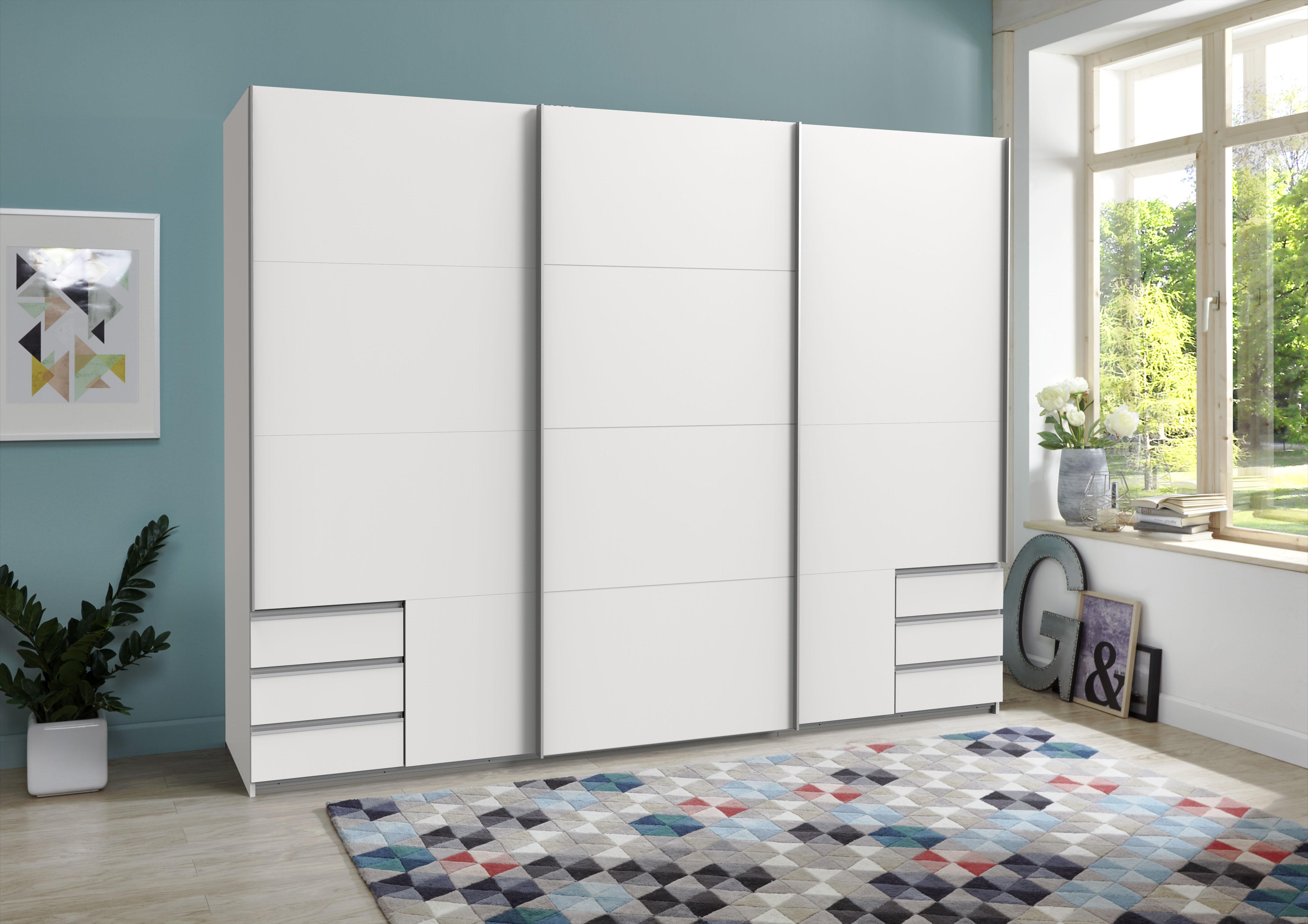 Schwebetürenschrank WIMEX "Seattle", weiss (weiß), B:270cm H:208cm T:64cm, Schränke, Schwebetürenschrank, mit Schubkästen weiß B/H/T: 270cm x 208cm x 64cm, Schubladen: 6 Stk. Türen: 3 Stk.
