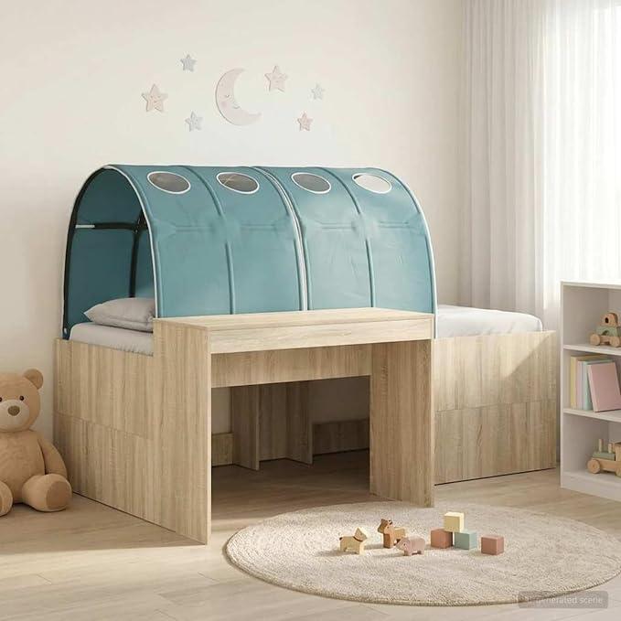 Kinderbett mit Tunnel und Schreibtisch, Holzwerkstoff Rahmen in Eiche und Hellblau mit Stauraum, 203 x 133,5 x 75 cm for Schlafzimmer