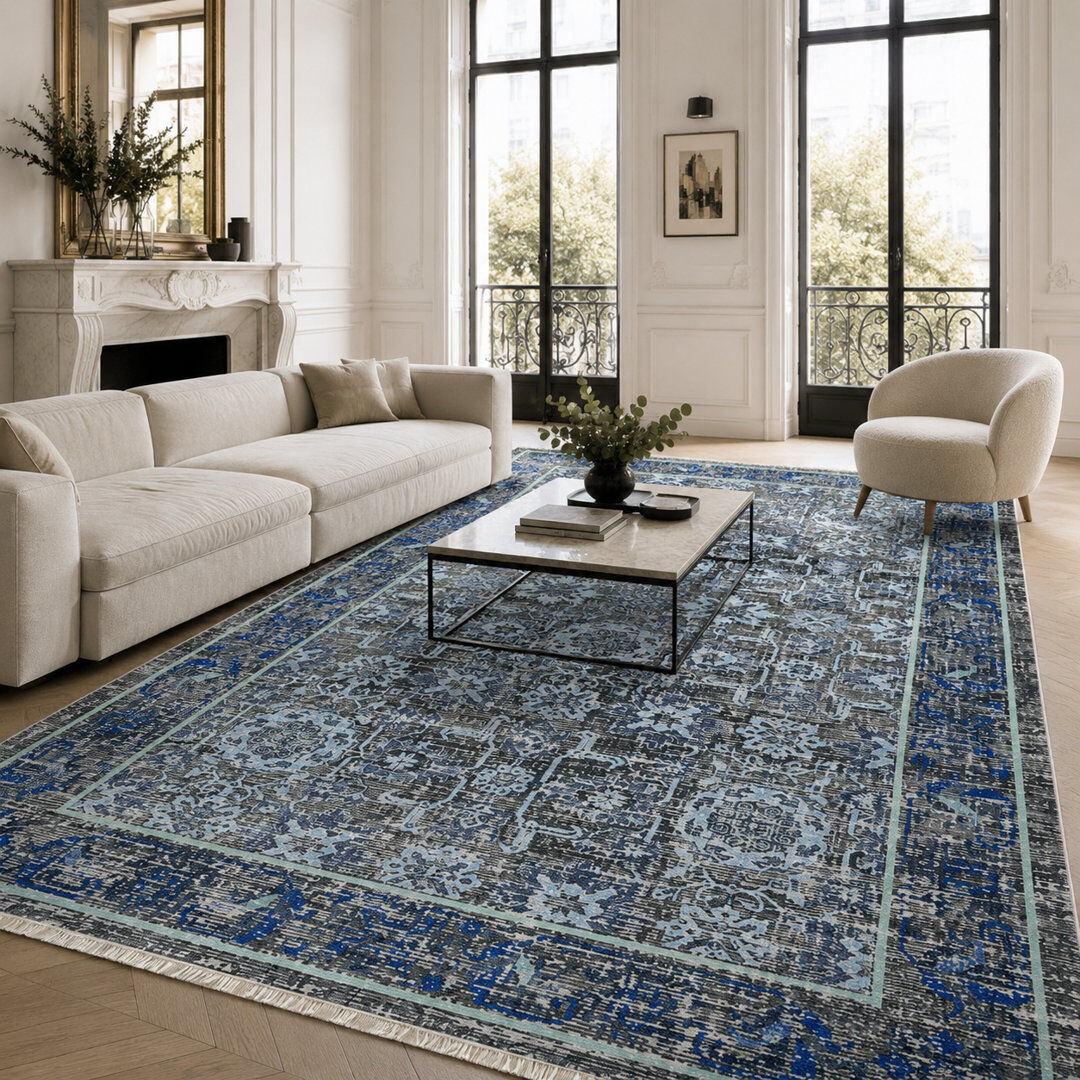 Marlow Home Co. Vintage Look Cotton and Chenille Flatweave Area Rug Azure 60 x 100 cm