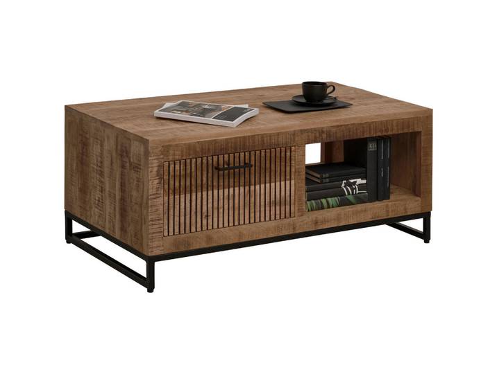 Carryhome Couchtisch, Natur, Holz, Mangoholz, massiv, Struktur, 1 Schublade(n) Schubladen, rechteckig, eckig, Kufe, 60x45x110 cm, Stauraum, offenes Fach, Wohnzimmer, Wohnzimmertische, Couchtische, Couchtische mit Stauraum