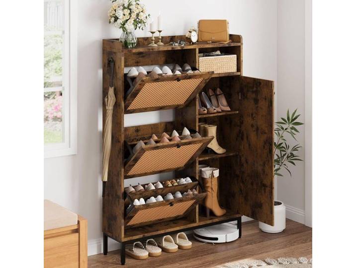 Meuble à chaussures étroit 3 abattants en osier armoire haute à porte et étagères réglables rangement d'entrée Couleur rétro