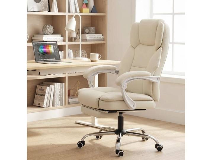 Fauteuil De Bureau Inclinable Beige Chaise De Bureau FloraGrace Pour Bureau Avec Repose-Pieds Extensible 64x73x112-120cm