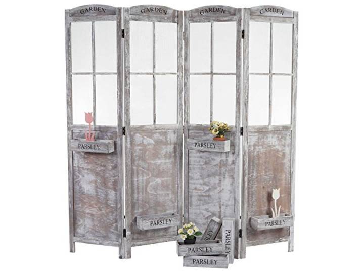 Mendler Paravent HWC-M66 Shabby-Look 170x180x22cm, braun-grau Raumteiler, Trennwand, Sichtschutz, Pflanzkörbe, 4 Paneele