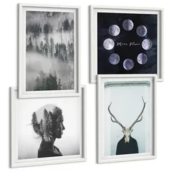 BILDER SET 4er Set - 50x50 cm & 40x60 cm Weißer Rahmen - Waldnebel, Mond, Schädel, Frau