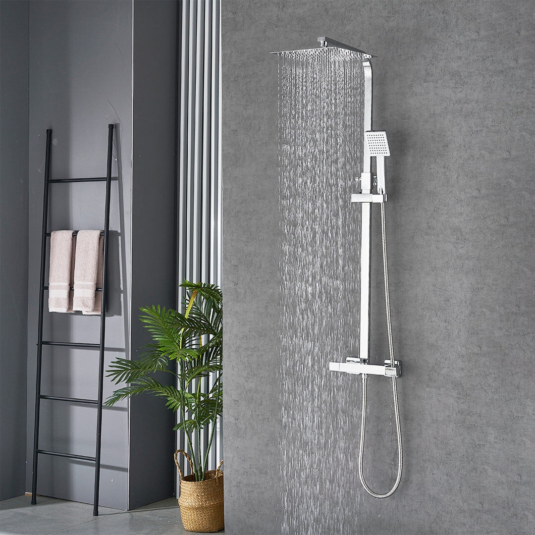 Belfry Bathroom Black Thermostatic Shower Mixer Set Square Shower Kit 10 Inch Stainless Steel Overhead Shower Brass 38°C Thermostatic Valve Chrome 120cm H X 25cm W X 100cm L