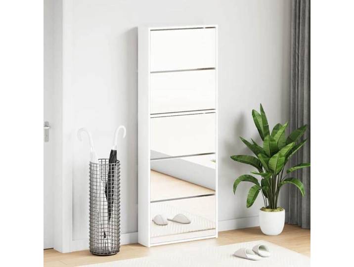 Moderne Armoire chaussures miroir 5niveaux - blanc brillant - 63x17x169 5cm - Meuble d Entrée Couloir @FR 9409