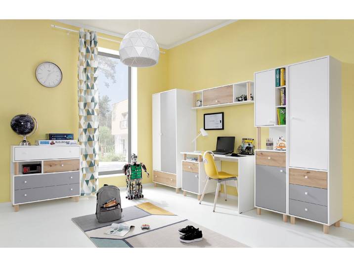 Schlafzimmer-Set – FARO – 6 Teile, Grau / Weiß, fürs Jugendzimmer