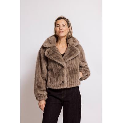 Kurzblazer ZHRILL "CHARLA", Damen, Gr. L, braun (sand), Web, Obermaterial: 100% Polyester, unifarben, bequem hüftlang, V-Ausschnitt, Blazer Kurzblazer, Fellimitat-Jacke, Reverskragen, Casual Stil, bequeme Passform