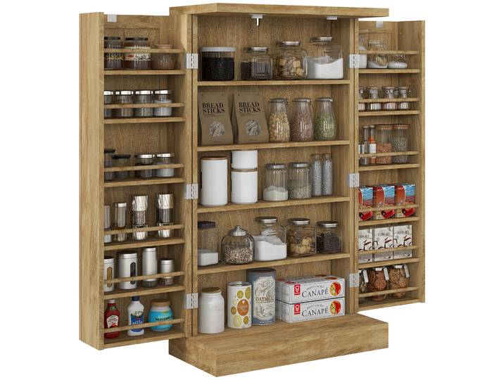 Homcom Armoire de cuisine avec 2 portes en rotin et 16 étagères Armoire moderne avec étagères réglables 60X30X104Cm Naturel