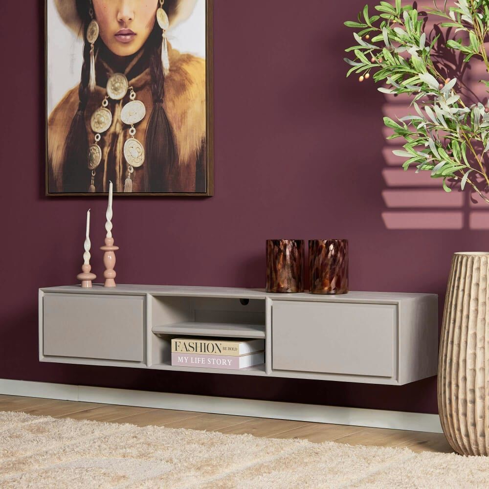 Pier import Meuble tv suspendu taupe 2 tiroirs 1 niche Taupe 160x35x30cm