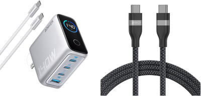 Charger (140W, 4-Port, PD 3.1) with USB-C Cable and Anker USB-C to USB-C Cable (6 ft, 240W, Upcycled-Braided)