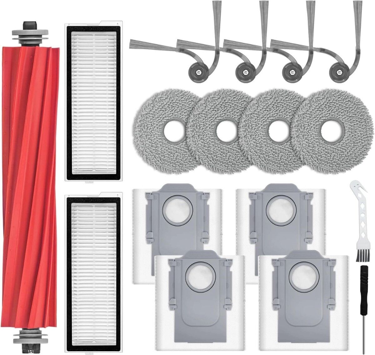 INF Robotersauger Ersatzkit 17-teilig – Hauptbürste, Seitenbürsten, Filter, Mopptücher, Staubbeutel, kompatibel mit Roborock QV