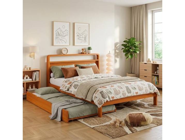 Lit - 140x200cm - en bois 140x200 cm avec lit gigogne 90x1 idéal pour la maison pratique au quotidien - Naturel - Pour Maison