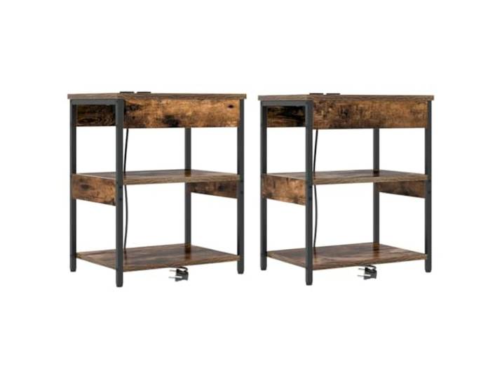 Coespram Nachttisch 2er Set, Ablagetisch Geräucherte Eiche 41x31x51 cm Kompakte Nachtkonsole fürs Schlafzimmer mit offenen Ablagefächern und robusten Stahlbeinen für geordnete Stellflächen.