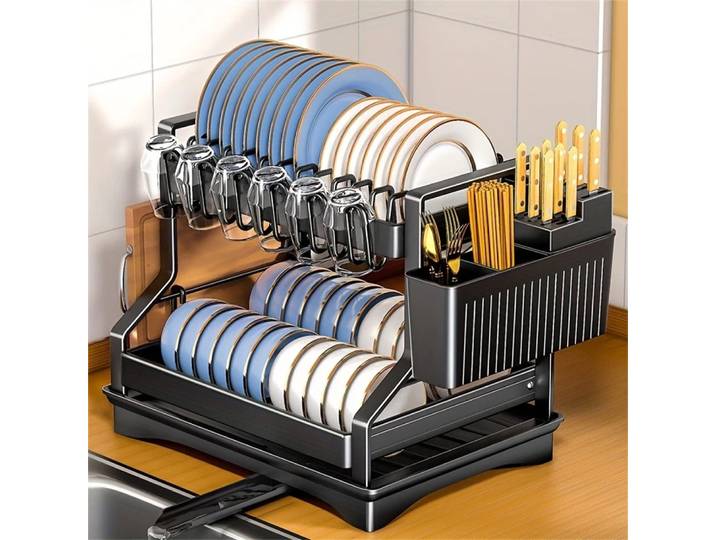 Égouttoir à vaisselle double couche compact avec porte-baguettes et bec verseur
