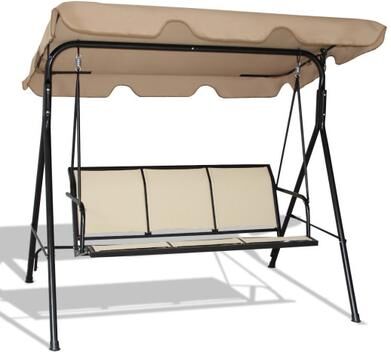 Costway 3 Person Steel Frame Patio Swing with Polyester Angle and Adjustable Canopy-Brown