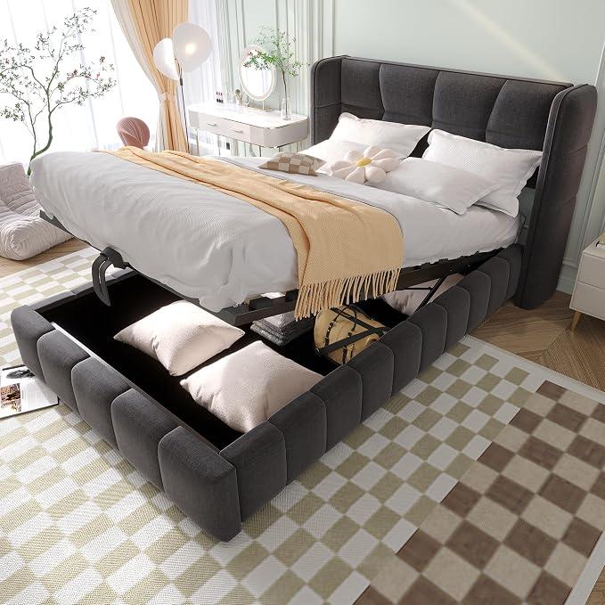 Polsterbett 90x200 cm mit Stauraum, pneumatisch, Lattenrost, Grau | Pneumatischer Stauraum, gepolstert, 150 kg - sicheres Kinderbett mit Ordnung. Bewährte Qualität.