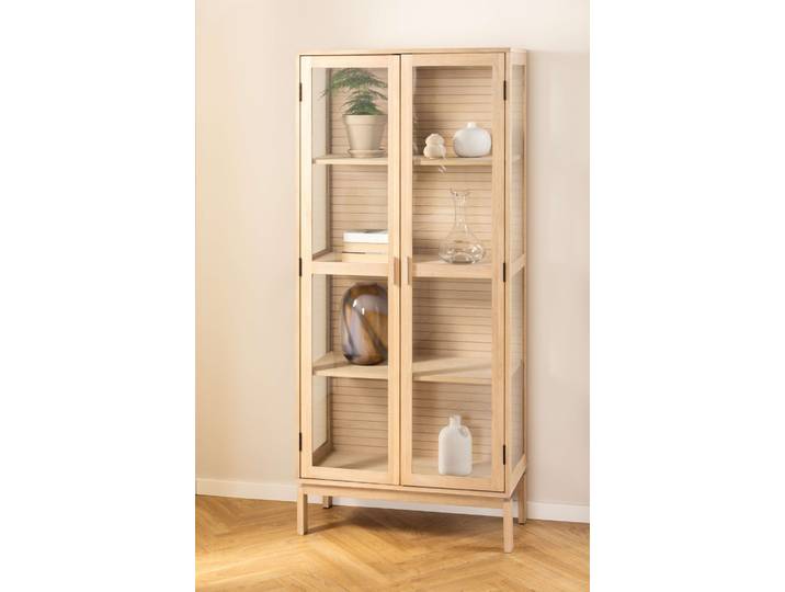 Stauraumschrank ACTONA GROUP Linley Vitrine, Mehrzweckschrank , beige (natur), B:80cm H:180cm T:40cm, Schränke, Stauraumschrank, Eichenfurnier/Eiche, Lamellenrücken, 3 Einlegeböden, 2 Glastüren
