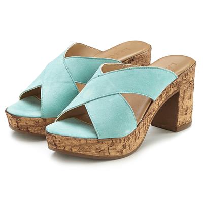Pantolette LASCANA "Sommerschuh, offener Schuh, Sandalette, Mule", Damen, Gr. 42, blau (türkis), Obermaterial: 100% Ziegenleder. Decksohle: 100% Ziegenleder. Futter: 100% Synthetik. Laufsohle: 100% Synthetik, Veloursleder, unifarben, Schuhe...
