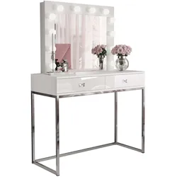 SCHMINKTISCH BLANCO GLAMOUR mit Spiegel und Beleuchtung Weiß Hochglanz Kristallgriff