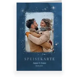 Menükarte Hochzeit: Sternschnuppen mit Foto in Blau