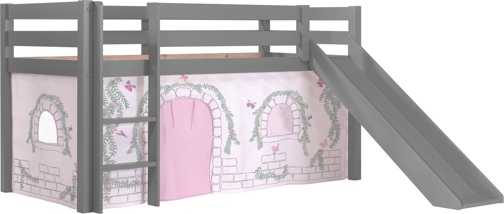 Kinderbett mit Rutsche Karolina Massivholz Grau Textilset Burg 1
