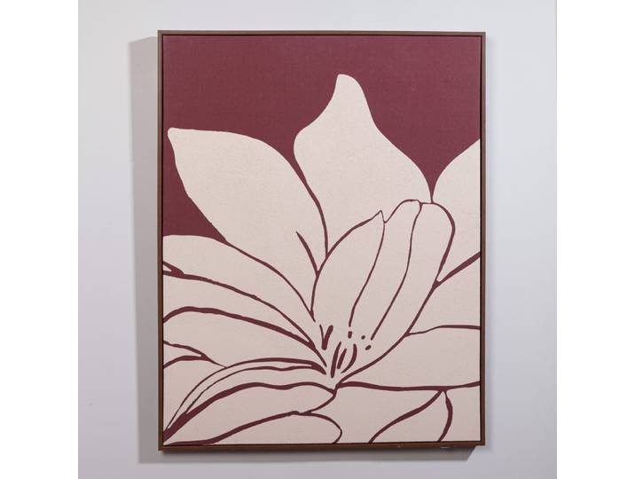 Bedruckte und bemalte Leinwand, bordeauxrotes und ecrufarbenes Blumenmuster, 70 x 90 cm