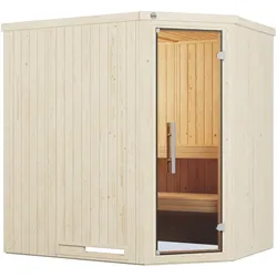 Weka Elementsauna Varberg 1 Trend mit Eckeinstieg & weiß lasierten Fronten - 68 mm Ganzglastür Ohne Ofen