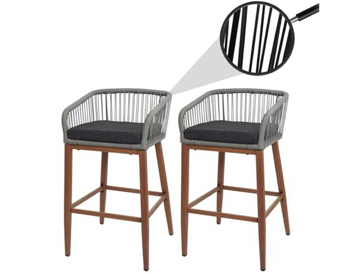 Mendler 2er-Set Barhocker HWC-O22 Holz-Optik - hellgrau, Kissen dunkelgrau Outdoor, Sitzpolster, Seilgeflecht, Metall, Rope-Barhocker