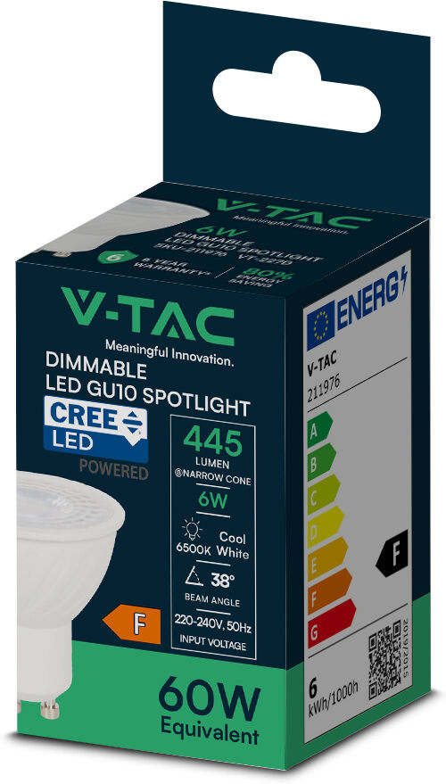 V-Tac Pro Faretto Led Gu10 Lampadina 6w 38° 6500k Dimmerabile – Sku 211976