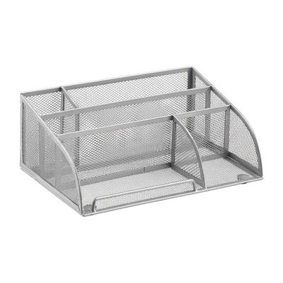 Relaxdays Schreibtischorganizer 5 Ablagen, kleiner Büroorganizer, Metallgeflecht, Stifteköcher, Briefablage, silber