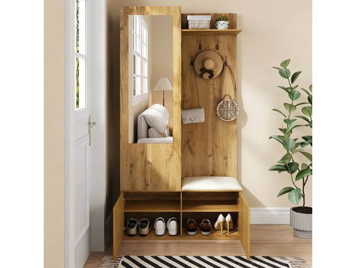Vestiaire entrée avec patères miroir meuble à chaussures penderie dissimulée étagère et banc à chaussures finition bois
