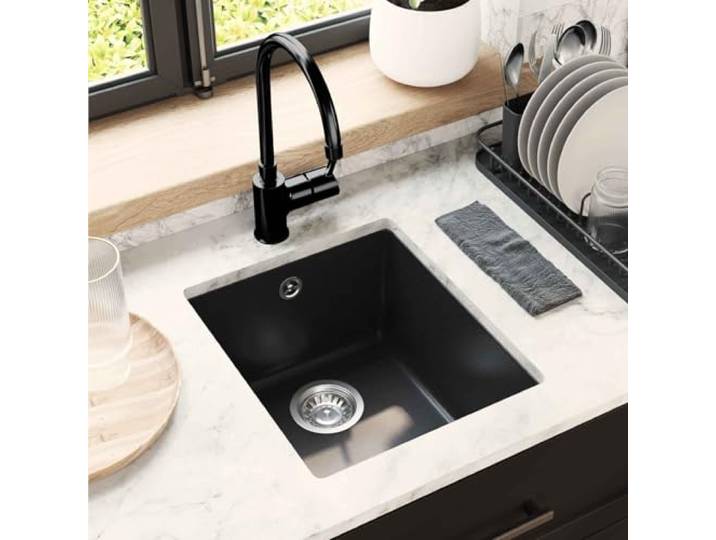 Küchenspüle 80% Quarz 20% Harz 370 x 460 mm Schwarz Eine Badewanne, vor allem rechteckig, Granitverbundstoff, schmutzabweisend und kratzfest, Ablaufgarnitur mit Korbventil