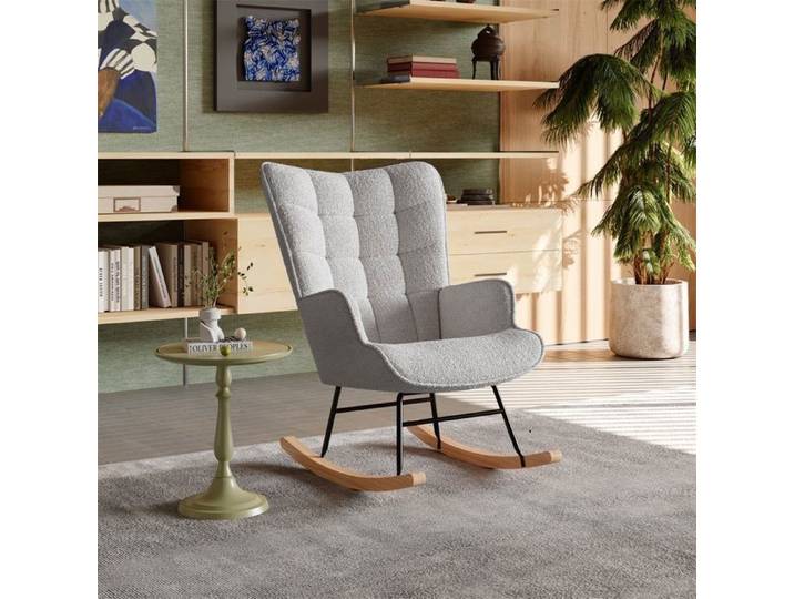 Fauteuil à Bascule - Rocking Chair en Tissu Bouclette Teddy - Fauteuil de détente avec Dossier Capitonnée - Gris clair