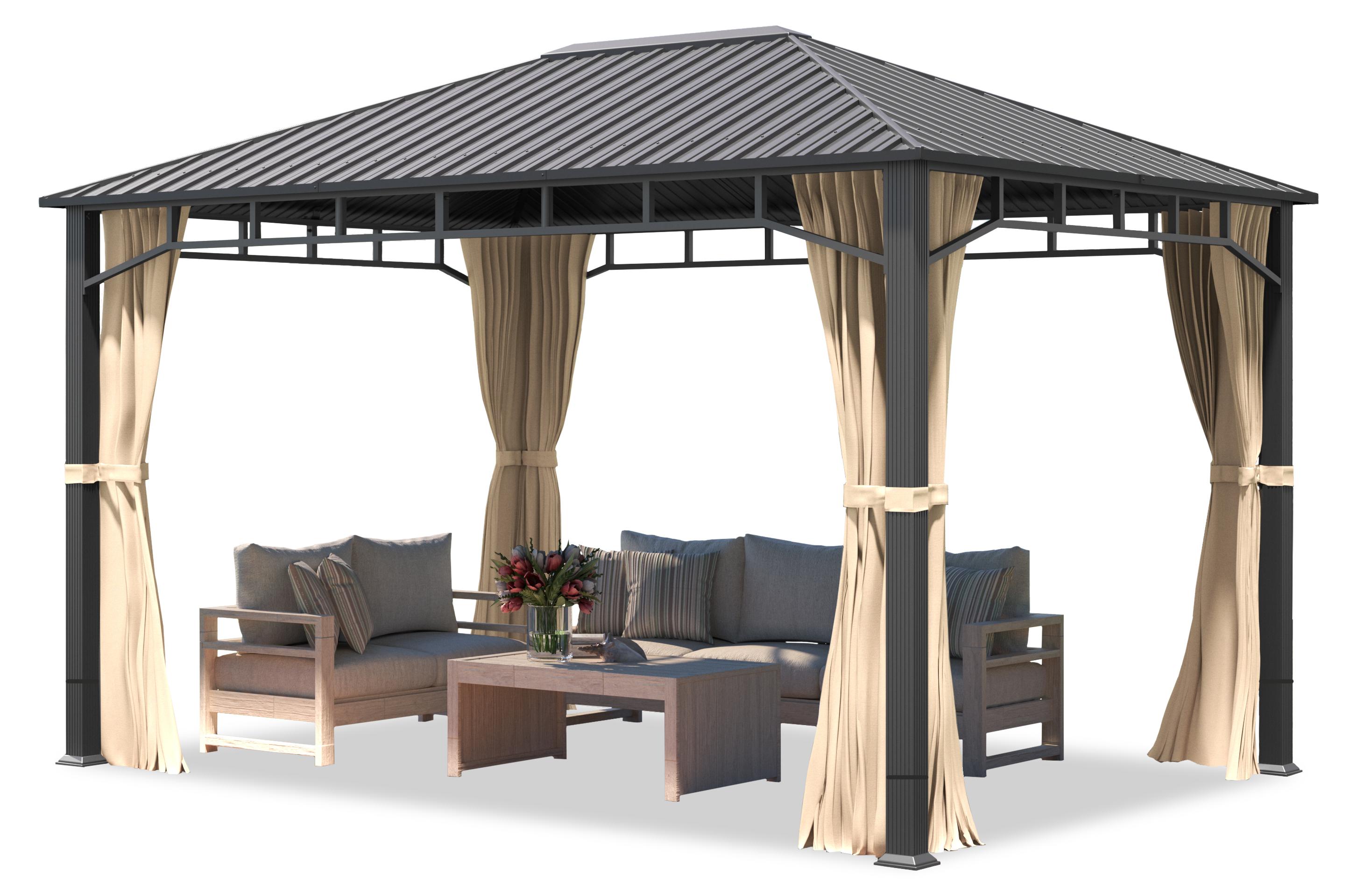 Gartenpavillon 3x4 m Stahldach Hardtop, 4 Seitenteile in Champagner, Pfosten 9x9 cm