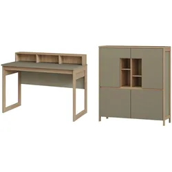WOHNKOMBINATION Salbei grün, Eiche mit Highboard und Schreibtisch skandinavisch, Soft-Close