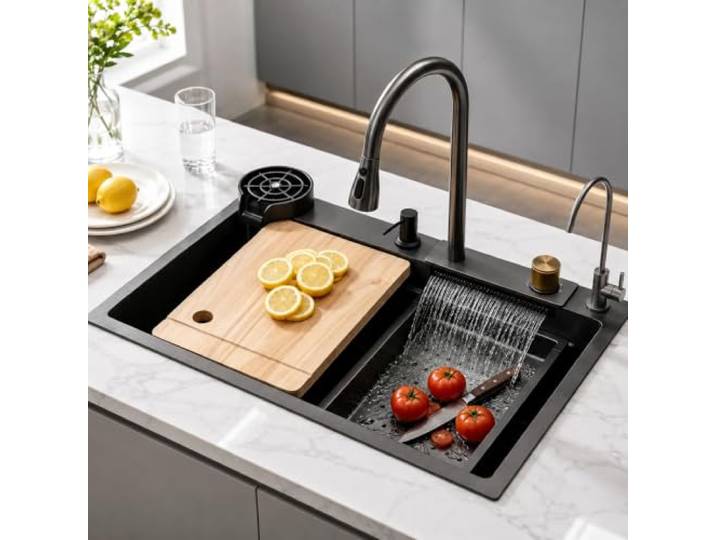 DSMRLEOP Schwarze Küchenspüle Aus Edelstahl – 75x45cm Multifunktionale Arbeitsstation Mit Ausziehbarem Wasserfallhahn, Hochdruck-Becherspüler, Siphon Mit Ablaufkorb, Überlauf Und Ablaufgarnitur