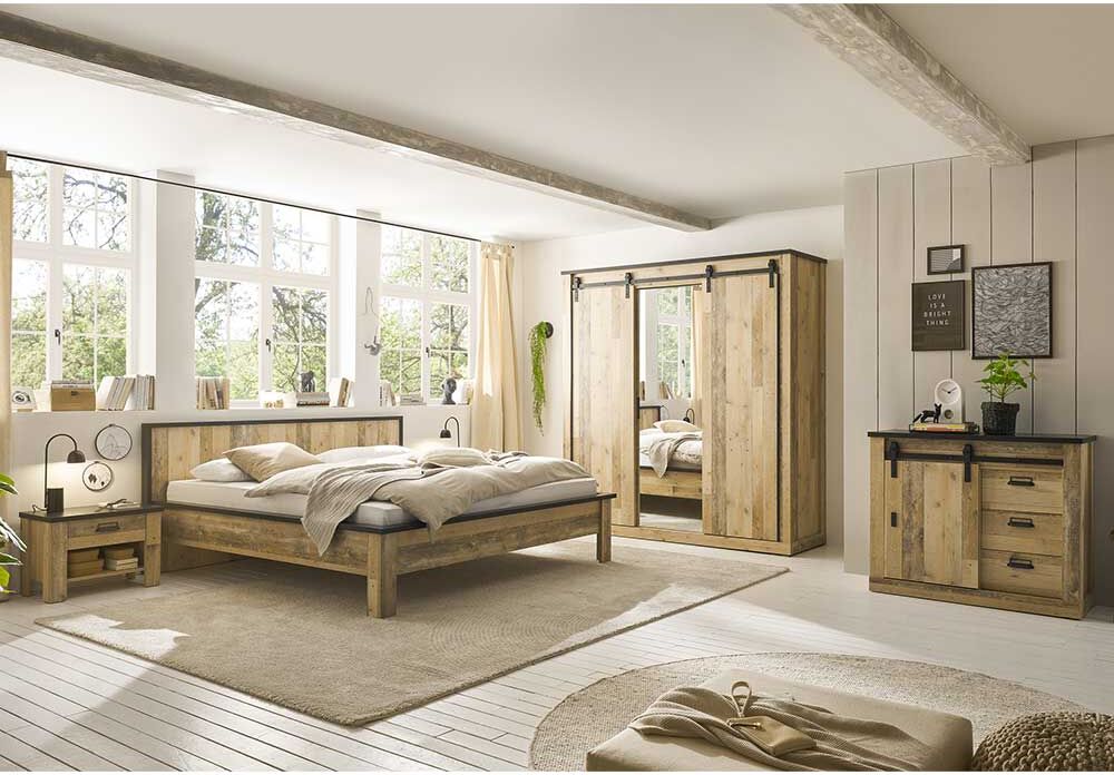 Pharao24.de Modern Country Schlafzimmer in Holz verwittert Anthrazit (fünfteilig)