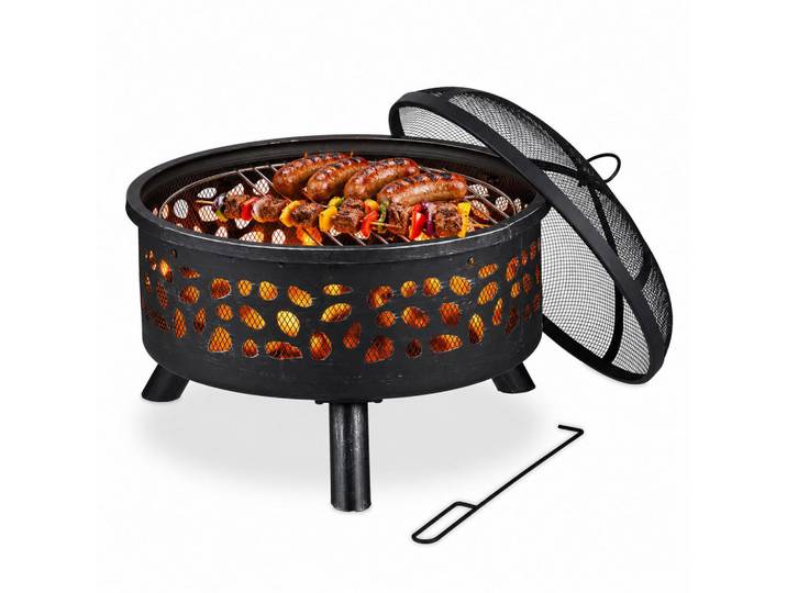 Relaxdays Feuerschale Schwarz Silber Stahl mit Grillrost 60 cm, Metall, 60x51x60 cm, Gartenmöbel, Balkonmöbel