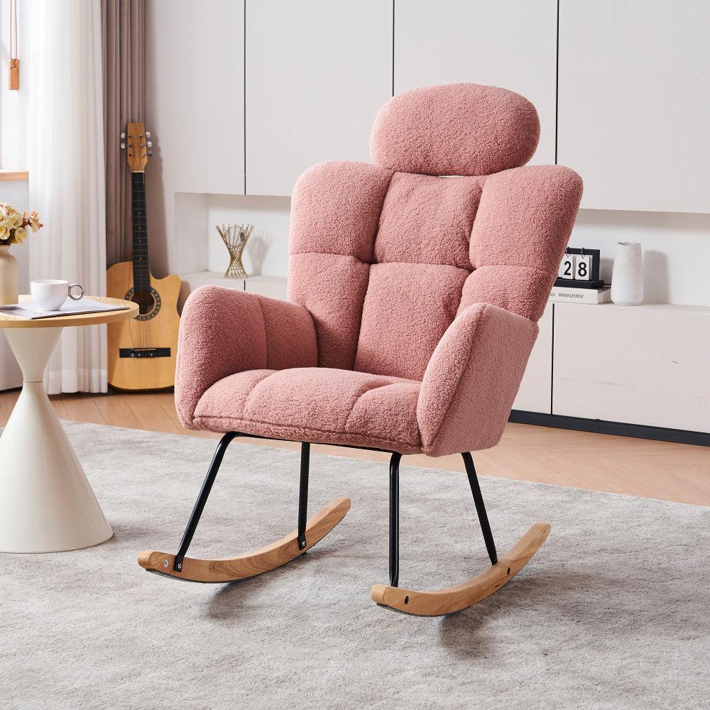 Schaukelstuhl mit weichem Teddyfell-Bezug und Knöpfen - Rosa Relax-Sessel