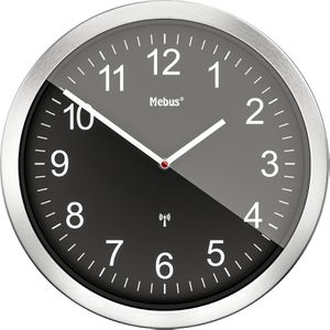 Mebus Wanduhr 14120, Aluminium, analog, Funkuhr, Ø 45 cm, silber, lautlos