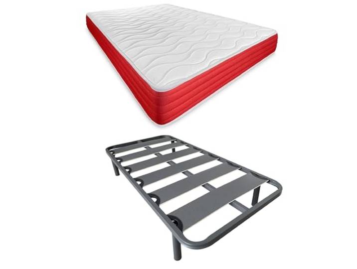 DUÉRMETE ONLINE Komplettes Bett mit wendbarer Matratze (Winter/Sommer) + verstärkter Lattenrost, 40 x 30 mm, mit 6 Metallfüßen, Stahllegierung, Grau, 105 x 190 cm