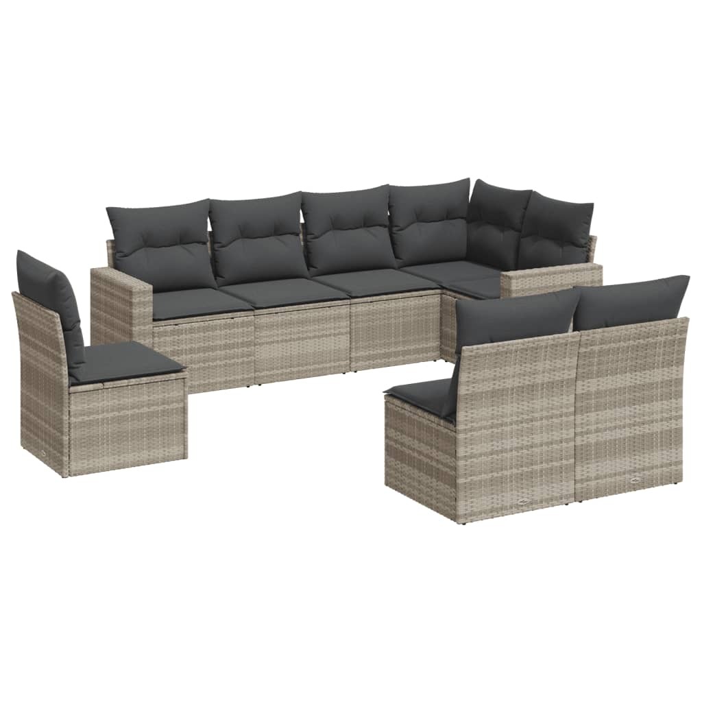 Modulares Garten-Sofa-Set, Poly Rattan, pulverbeschichteter Stahl, UV-beständig, Hellgrau, Dunkelgraue Kissen, 8 Sitze, 8 Sitzkissen, 9 Rückenkissen