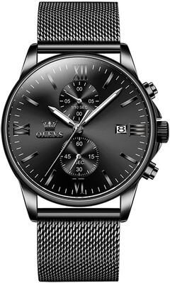 Everyday Crate OLEVS 2886 Mens Chronograph Watch Waterproof Quartz Watch With Luminous Display And Stainless Steel Strap black Silver Mesh Strip