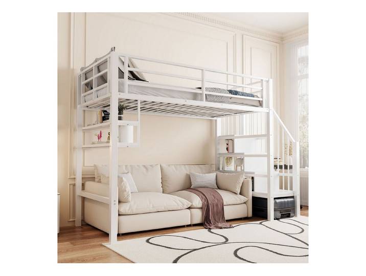 Merax Hochbett (1-St) Metallbett 90x200cm mit Stauraumtreppe Regalfächern Spielbereich