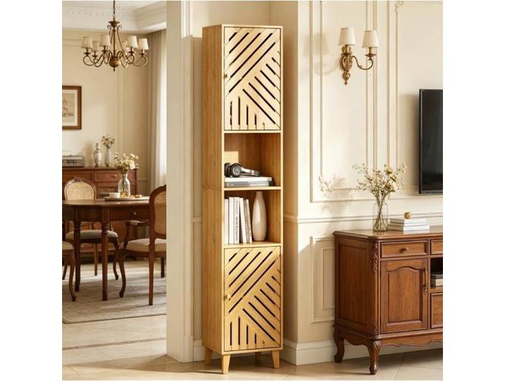 Armoire colonne de salle de bain en bambou effet bois naturel - 2 portes rangement ouvert